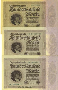 Germany 1923 100000 Mark P-83 Lot of 3 Notes High Grade EF+/AU - Picture 1 of 2