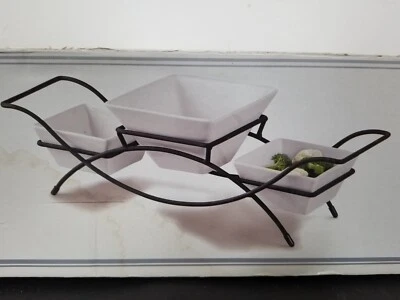 Home Essentials 3 Pcs Square Bowl Porcelain Serving Set with Black Metal Stand - Image 1 of 4
