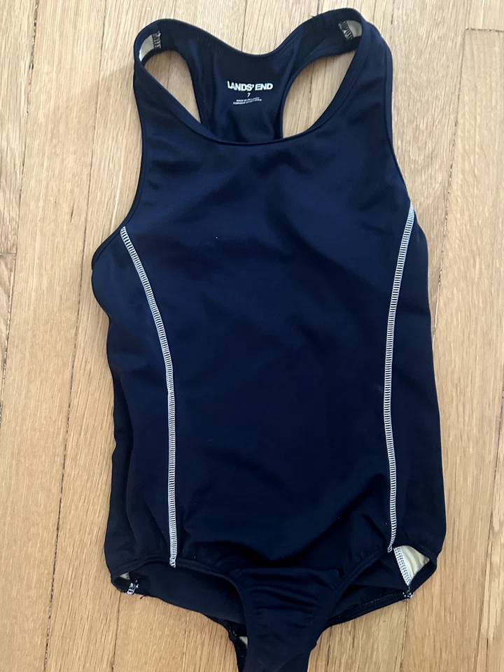Girls Land's End Racerback One Piece Swimsuit Sz 7 Navy Blue - Image 1 of 4