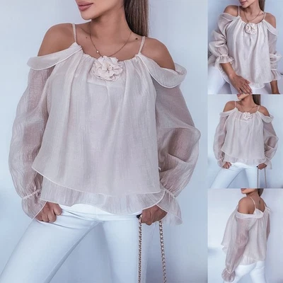 Women Cold Shoulder Long Sleeve Tops Flower Ruffle Chiffon Sheer T-Shirt Blouse - Image 1 of 4