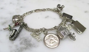 Sterling Silver Charm Bracelet with 10 Charms ~ 7-1/2" ~ 34.7grams ~ 2-A146 - Picture 1 of 10