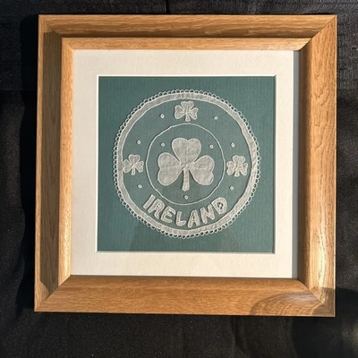 Vintage Irish Carrickmacross Lace Panel Framed Harp And Shamrock Shaped Theme - Image 1 of 4