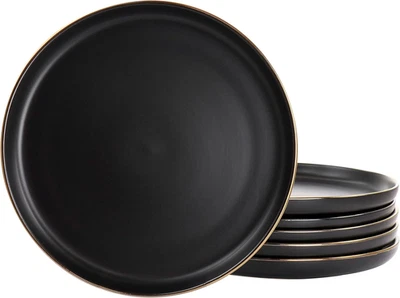 Paul 6 Piece Stoneware Dinner Plate Set in Matt Black with Gold Rim - Image 1 of 4