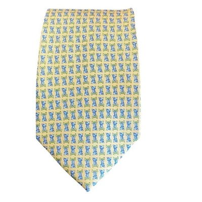 FERRAGAMO Dog With Bones Printed Tie 100% Silk Yellow Blue Made In Italy - Image 1 of 4