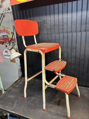 Primitive Century Cosco Retro Style Farmhouse Counter Chair/Step Stool Red White - Image 1 of 4