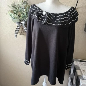 Woman’s Plus Elegant Black Sweater With Ruffle Neckline & Pearl Brooch 3X - Picture 1 of 7