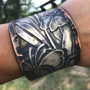 Lily Bracelet Lilies Sterling Silver 925 Copper Cuff Handmade Floral Brutalist - Picture 1 of 10