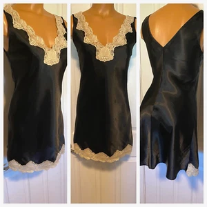 VTG 80's INNER MOST BLACK SATIN W/ IVORY LACE TRIM CHEMISE NIGHTGOWN SZ XS - Picture 1 of 10