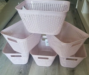 6 pk pale pink pantry closet storage organizer plastic bin baskets with handles - Picture 1 of 7