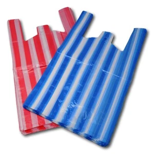 100x Chaleco de plástico Bolsas de transporte grandes a rayas de caramelo azul/blanco/rojo 10""X15""X18"" - Imagen 1 de 4