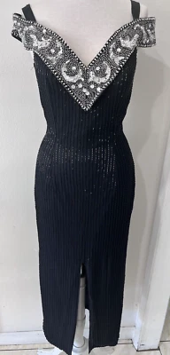 Vintage Baluchi size 12 Formal hand beaded silk long dress front slit soft cups - Image 1 of 4