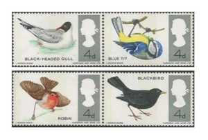 1966 GB UK British Birds Robin, Blackbird, Blue Tit, Black-headed Gull~ 4d ~ MNH - Picture 1 of 3