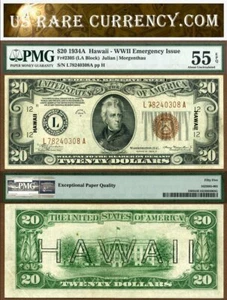 1934A $20 Hawaii FRN FR-2305 PMG Graded About Uncirculated 55EPQ World War II  - Picture 1 of 3