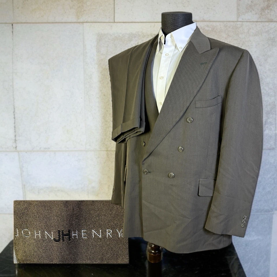 Vintage John Henry 2 Piece Suit Mens 48L 36x29 Olive Double Breasted - Image 1 of 4