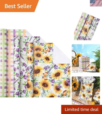 Rollo de papel de envolver floral - Mini rollo - Girasol/Flor púrpura/Diseño a cuadros... Foto 1 de 4