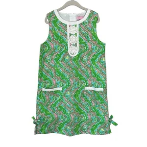 Lilly Pulitzer Classic Shift Dress Girls 10 Chomp Chomp Lined Pockets Green Pink - Picture 1 of 9