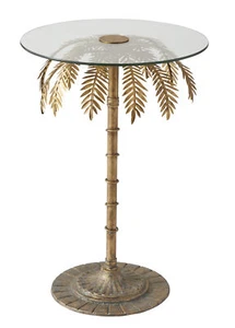 Amalfi Round Glass Side Table Vintage Palm Tree Couch Sofa End Table Gold/Clear - Picture 1 of 2