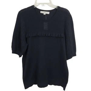 NUEVO CON ETIQUETAS LOFT Pointelle Yugo Volantes Ribete Suéter Camiseta Negra Grande Boho Cottagecore - Imagen 1 de 9