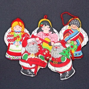VTG Handmade Hand Sewn Fabric Pattern Panel Christmas Plush Ornaments Lot Of 5 - Picture 1 of 8