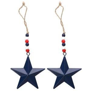 Patriotic Hanging Metal Star Ornaments Set of 2 Blue Fourth of July Decor - Picture 1 of 3