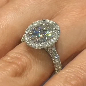 3.85Ctw Oval Cut Moissanite 3-Rows Pave Engagement Ring 14K White Gold Plated - Picture 1 of 13