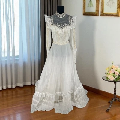 Vintage 1970’s Victorian Prairie Wedding Dress Size Small Boho Cottage Ruffles - Image 1 of 4