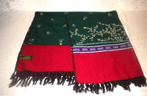 KASHMIRI SHAWL Tight Weave Dark Green Burgundy Burnt Orange 100% Wool Box01 - Picture 1 of 8