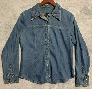Vintage GAP Jeanshemd Damen L Langarm schwere Nähte Y2K Druckknöpfe - Bild 1 von 9