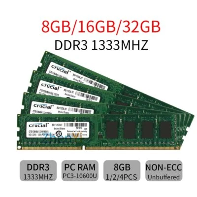 Per Crucial 32GB 16GB 8GB DDR3 1333MHz PC3-10600U 240Pin CL9 DIMM Desktop RAM IT - Immagine 1 di 4