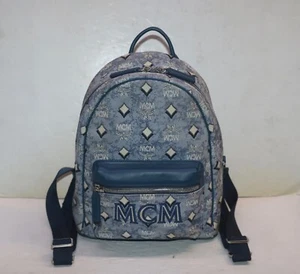 MCM Stark Small Blue Vintage Jacquard Monogram Logo Fabric Backpack Bookbag - Picture 1 of 16