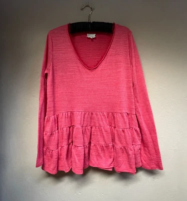 Anthropologie Deletta Thea Tiered Top Medium Pink V-Neck Long Sleeve Waffle Knit - Image 1 of 4