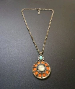 Lucky Brand Brass Plate Mother Of Pearl & Faux Turquoise Pendant Necklace - Picture 1 of 5