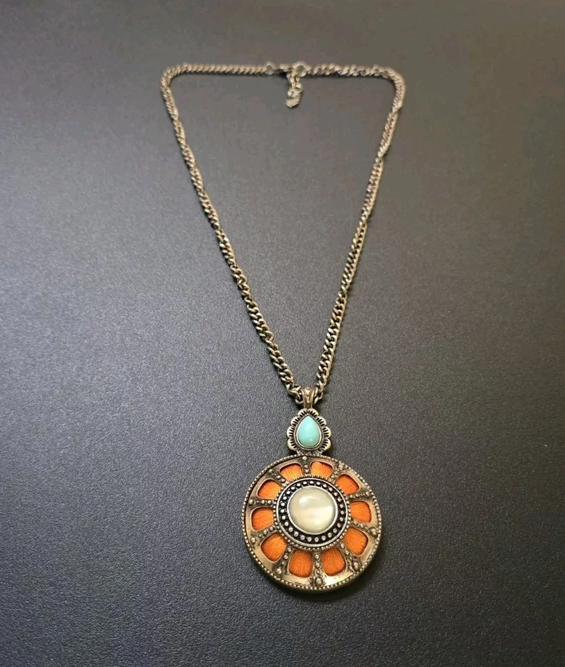 Lucky Brand Brass Plate Mother Of Pearl & Faux Turquoise Pendant Necklace - Image 1 of 4
