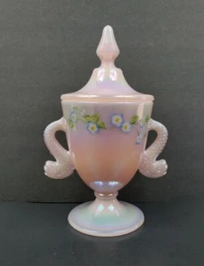 Fenton Pink Opalescent Iridized Candy Dish Dolphin Handles HandPainted MDGS 1992 - Picture 1 of 12