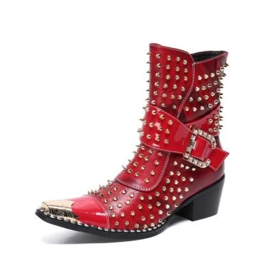 Botas de tornozelo masculinas de couro cowboy borracha metal biqueira pontiaguda fivela rebites sapatos - Imagem 1 de 4