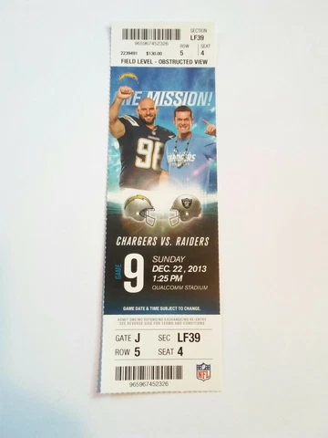 2013 San Diego Chargers Oakland Raiders NFL Football Full Ticket Stub Cover