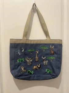 Kid’s Vintage Embroidered Safari Zoo Animals Denim Blue Jean Tote Bag - Picture 1 of 4