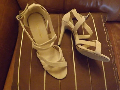 Ladies size 6 39 beige suede sandal strappy heeled shoe worn  2 hours indoors - Image 1 of 3