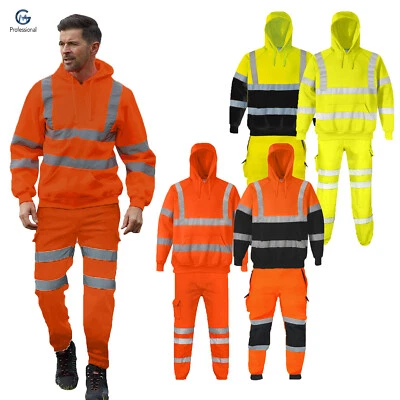 GM WORKWEAR Hi Vis Viz Tracksuit High Visibility Hoodies Jogger Pants Men Pullover Workwear