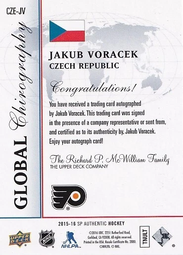 2015-16 SP Authentic Global Chirography #CZEJV Jakub Voracek  - Image 1 of 1