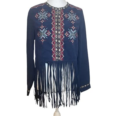 Flying Tomato Blue Faux Suede Southwestern Jacket Fringe Embroidered Small Aztec - Image 1 of 4