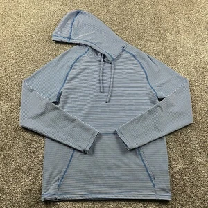 Rhone Hoodie Men Medium Blue Striped Seersucker Camp Performance Pullover Hiking - Picture 1 of 13