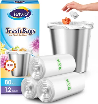 TEIVIO Strong Trash Bags Garbage Bags, Bathroom Trash Can Bin Liners, 1.2 Gal 80 Count