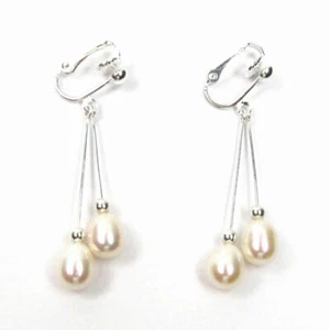 Genuine AAA White Pearl 18K WGP Double Dangle Clip On Earrings - Picture 1 of 1