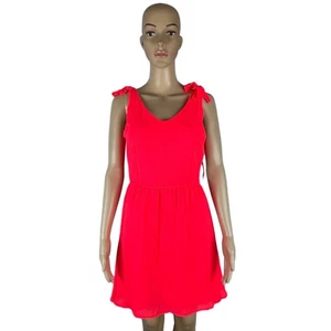 NWT Womens Dress Neon Pink Red Mini Flowy Crinkled Tie-Shoulder Summer Beachy - Picture 1 of 19