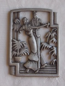 Vintage JJ Jonette Perfume Bottle Art Deco Dancing Couple Pewter Applique Only - Imagen 1 de 3