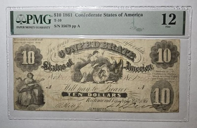 T-10 1861 $10 Confederate States Currency Civil War Note - PMG Fine 12 - Image 1 of 4