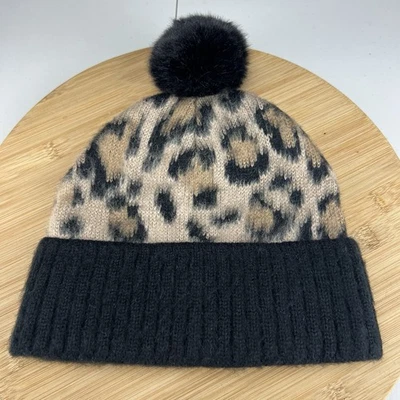 Kate Spade Leopard Print Beanie Hat Cap Women's OSFM Pom Cuffed Knit - Image 1 of 4
