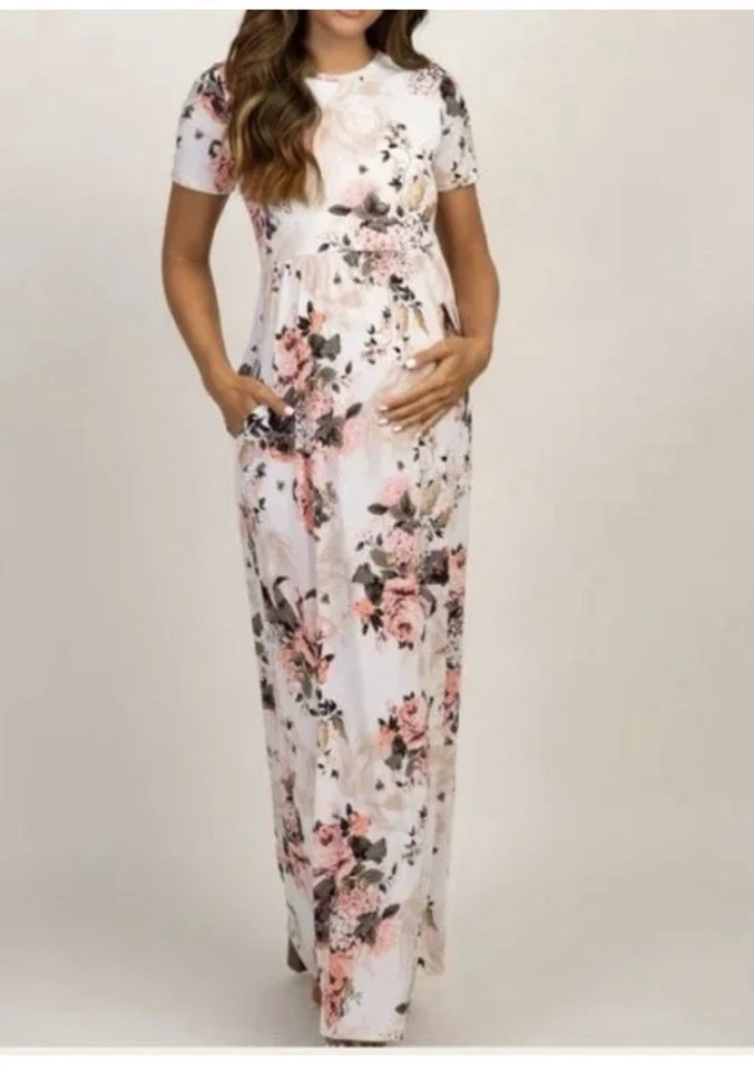 Vestido maxi maternidade rosa blush floral pêssego manga curta, tamanho grande - Imagem 1 de 1
