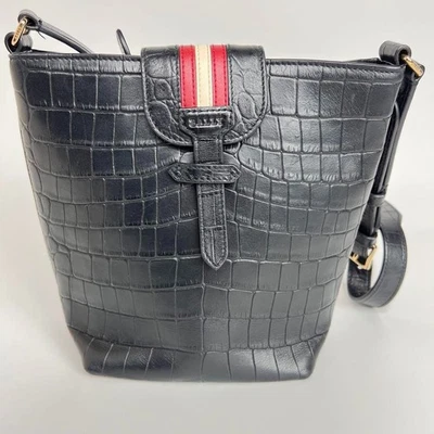 Bally Croc Embossed Black Leather Shoulder Crossbody Bag White & Red Stripe - Image 1 of 4